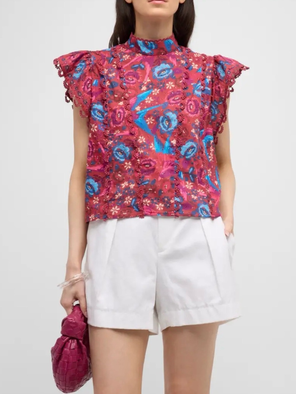 Farm Rio Floral Birds Blush Floral Ruffled Mock-Neck Top Size Large